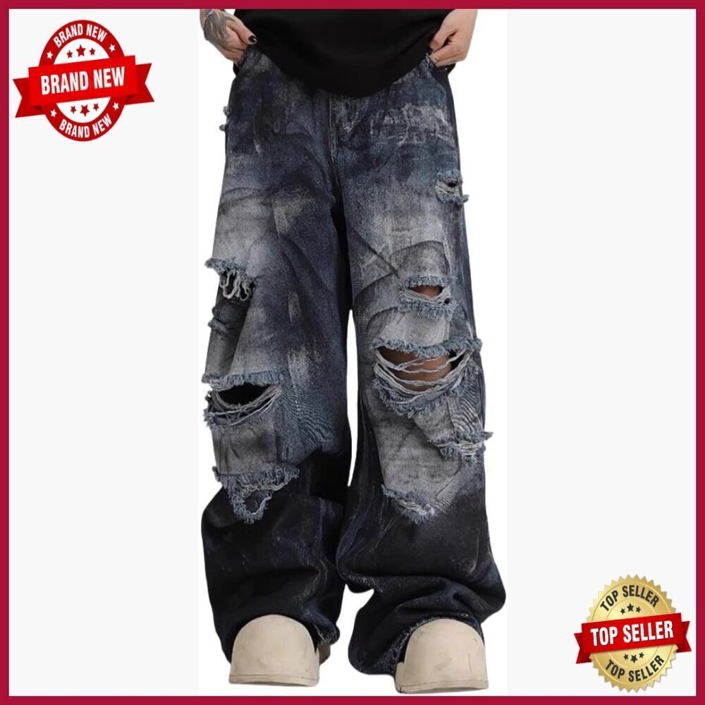 Unisex Distressed Wide Leg Jeans Baggy Fit Vintage Denim Streetwear